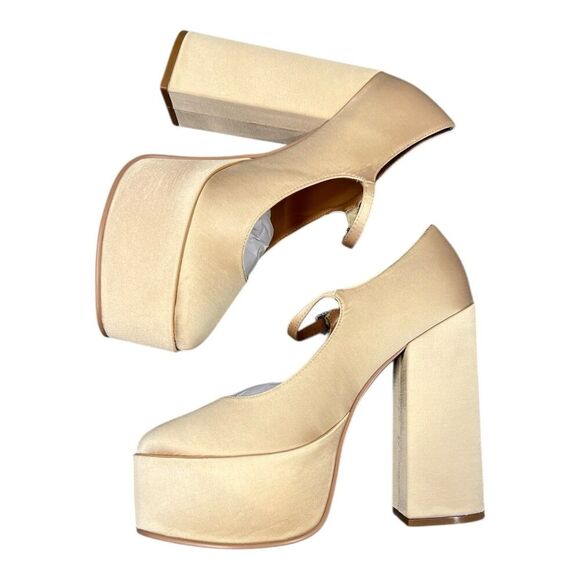 Lisa Vicky Champagne Beige Vault Platform Satin Mary Jane Pump 10 - Picture 1 of 3
